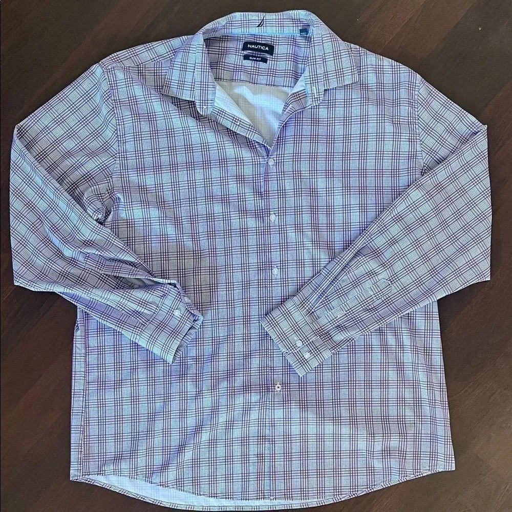 Nautica Men's Purple and Blue Checkered Shirt